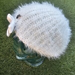 Betsey Johnson Fluffy White Beanie with Bow